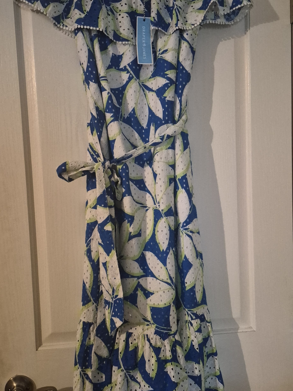Draper James Blue White Green Strapless Floral Eyelet Dress with Waist Tie